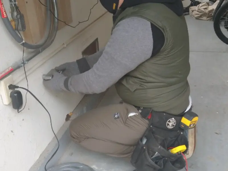 Electrician performing outlet wiring in a Holly Springs garage